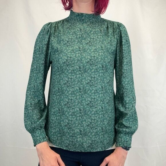 Treasure & Bond Womens High Neck Ruffle Blouse Green Black Floral XS Extra Small - Picture 1 of 16